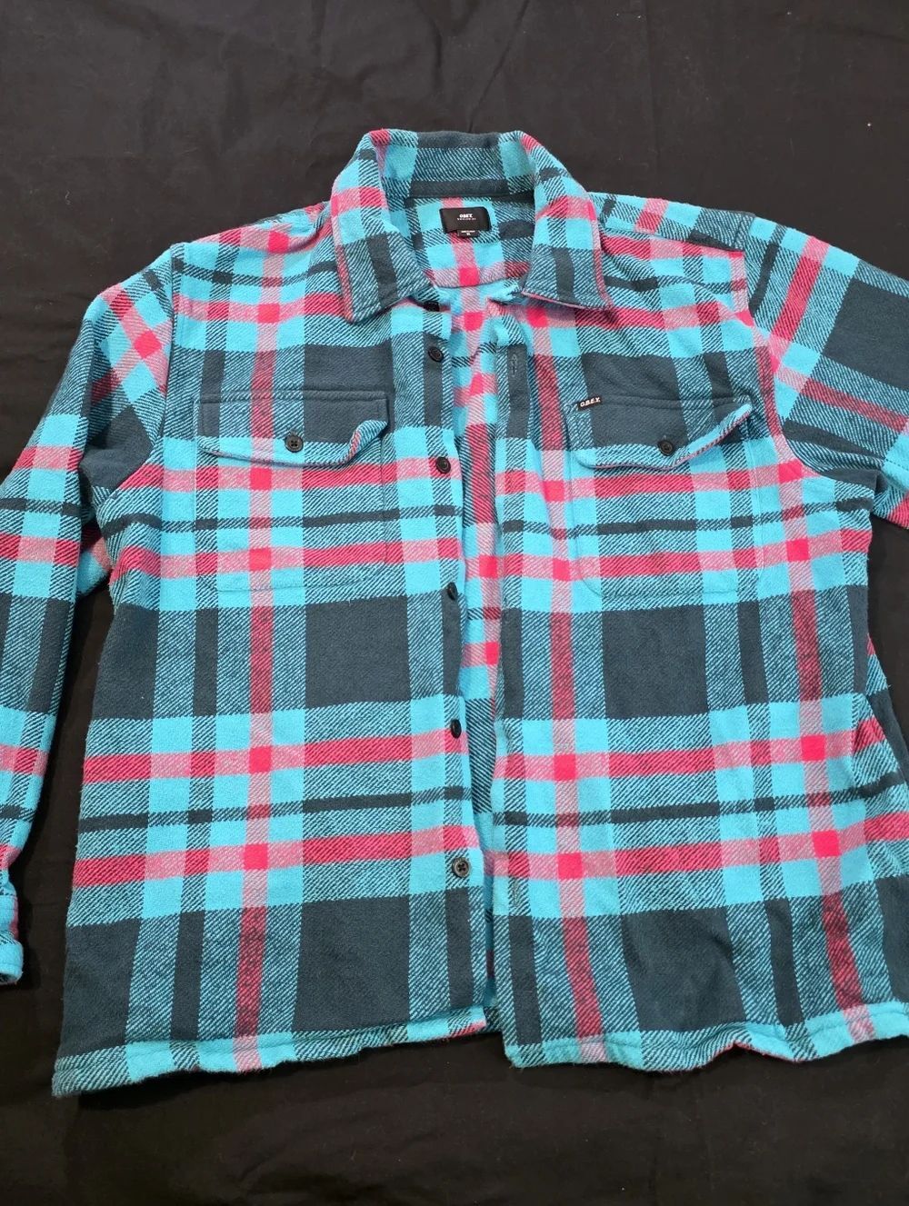 Obey Teal, Pink & Black Plaid Flannel Mens XL